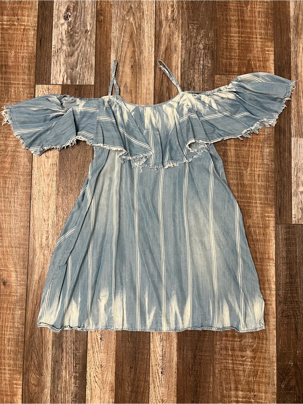 Vintage Havana Light Blue Striped Off-Shoulder Mini Dress